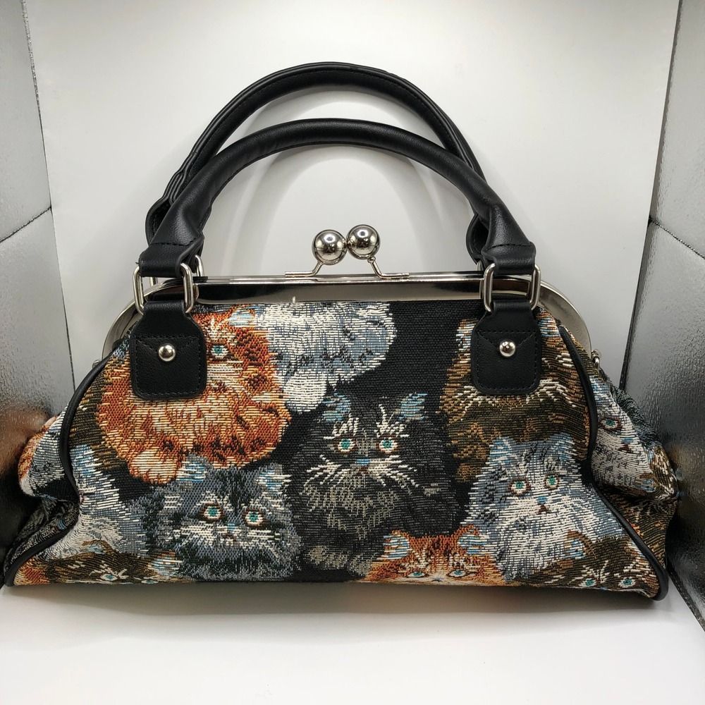 dELiA*s Vintage Style Cat Tapestry Kiss Lock Satchel Handbag Black Multi
